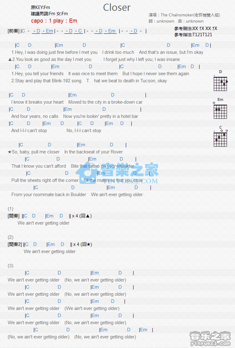 closer钢琴谱,closer钢琴谱 简谱 em调版 the chainsmokers《closer》吉他和弦弹唱谱