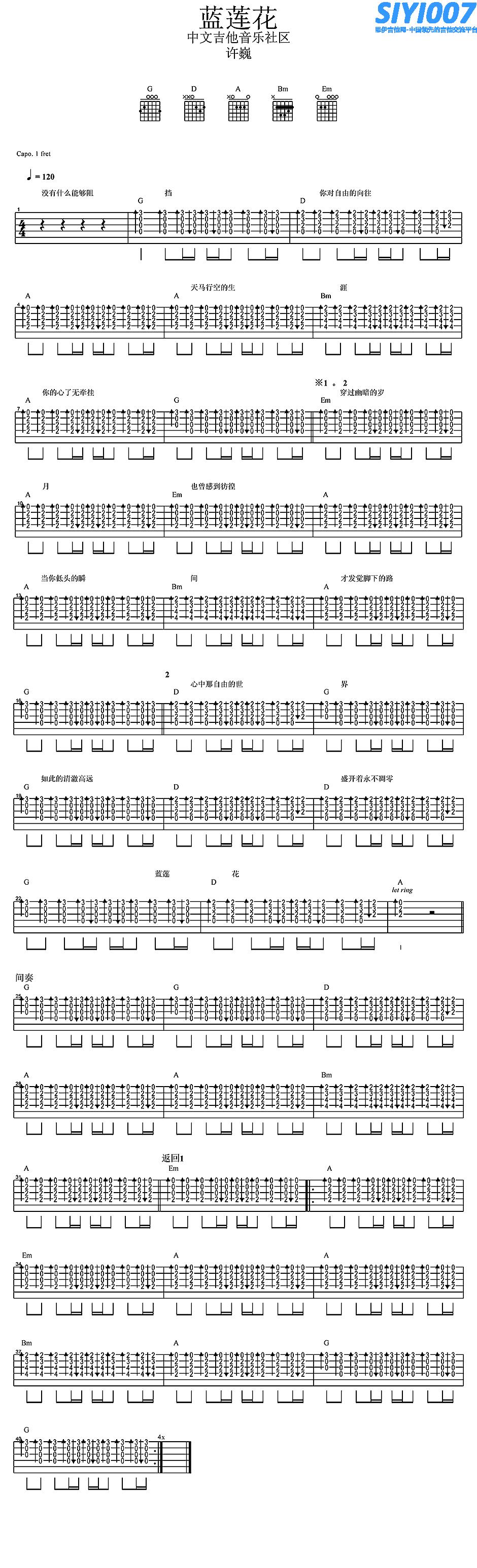 许巍《蓝莲花》吉他谱