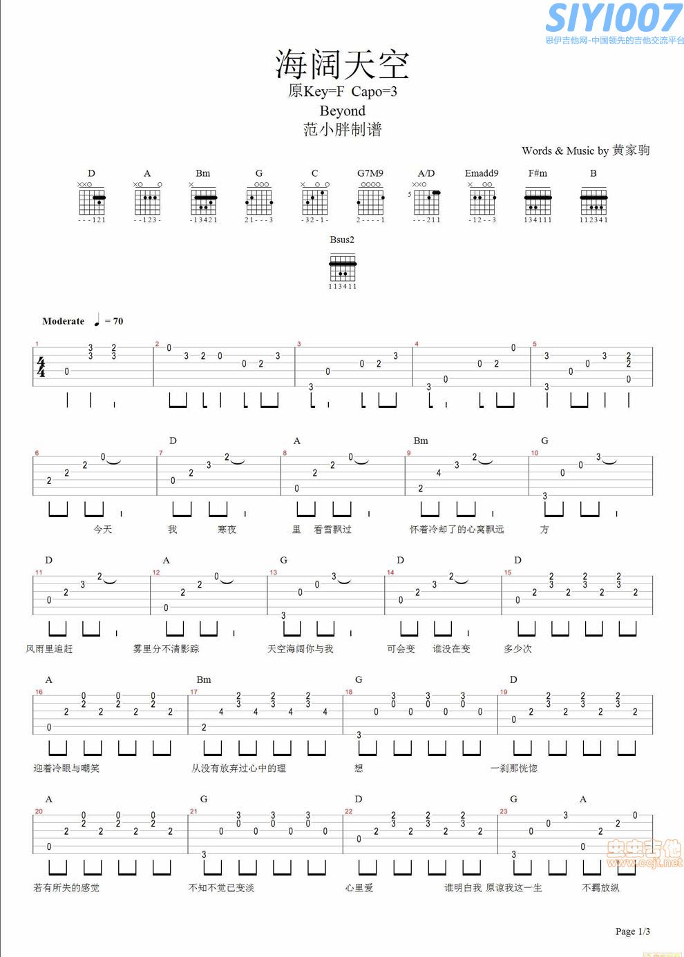 Beyond《海阔天空 范小胖版》吉他谱