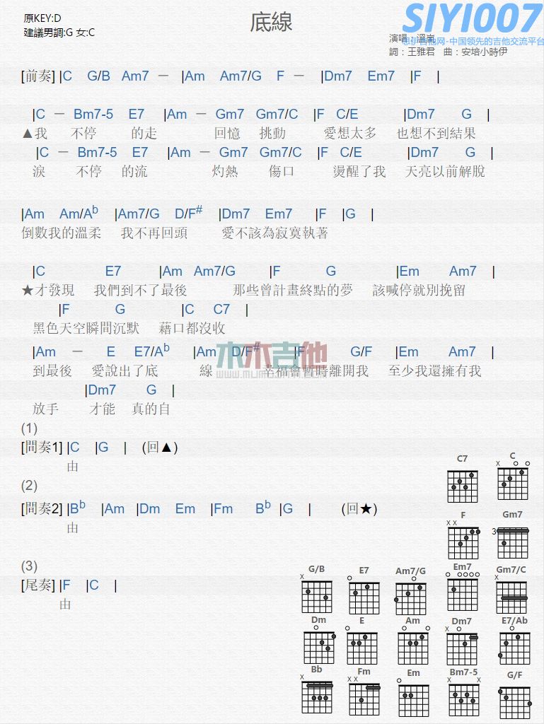 温岚《底线》吉他谱