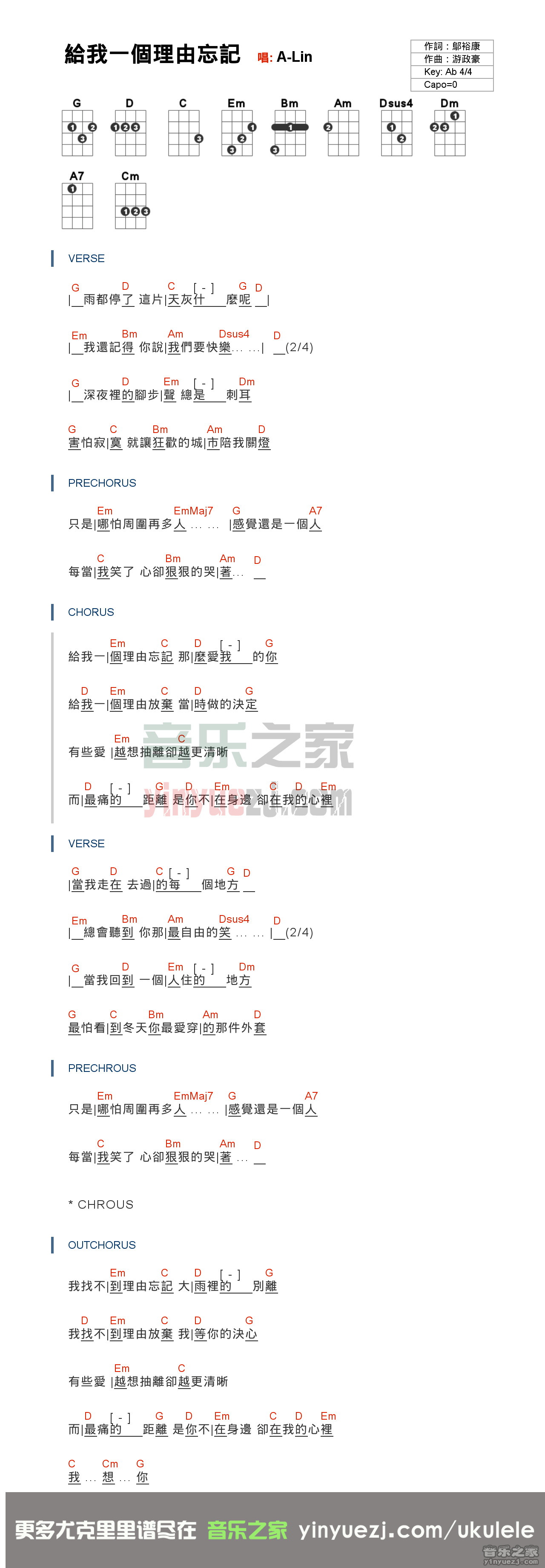 A-Lin《给我一个理由忘记》尤克里里谱