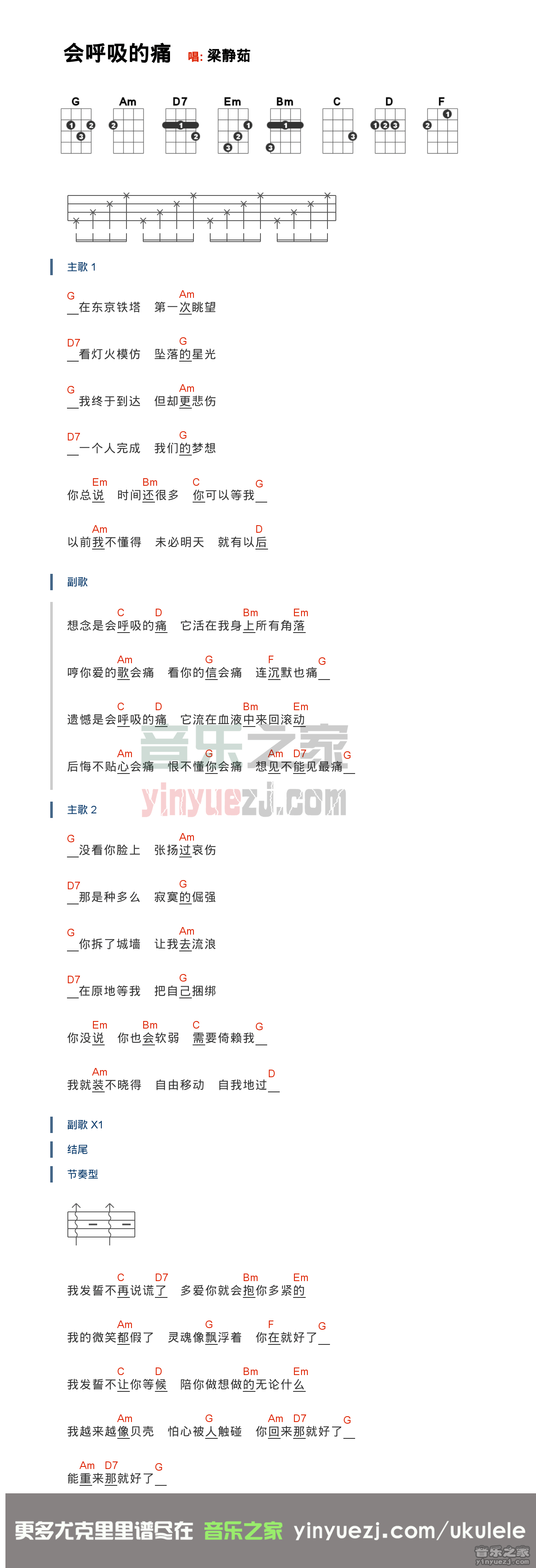 版本一 梁静茹《会呼吸的痛》尤克里里弹唱谱