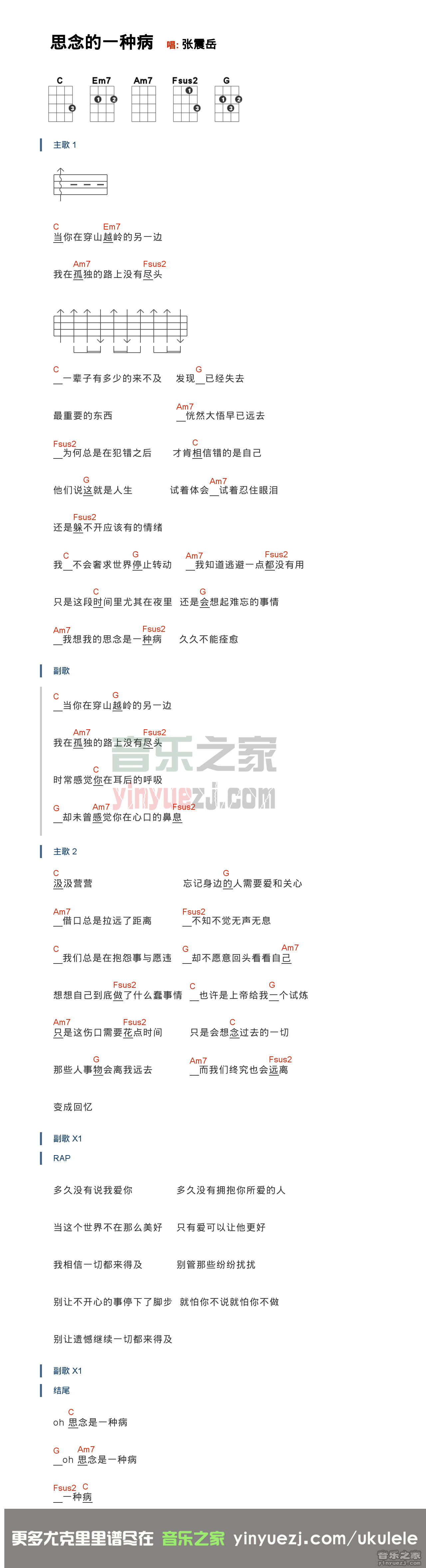 版本一 张震岳《思念是一种病》尤克里里弹唱谱