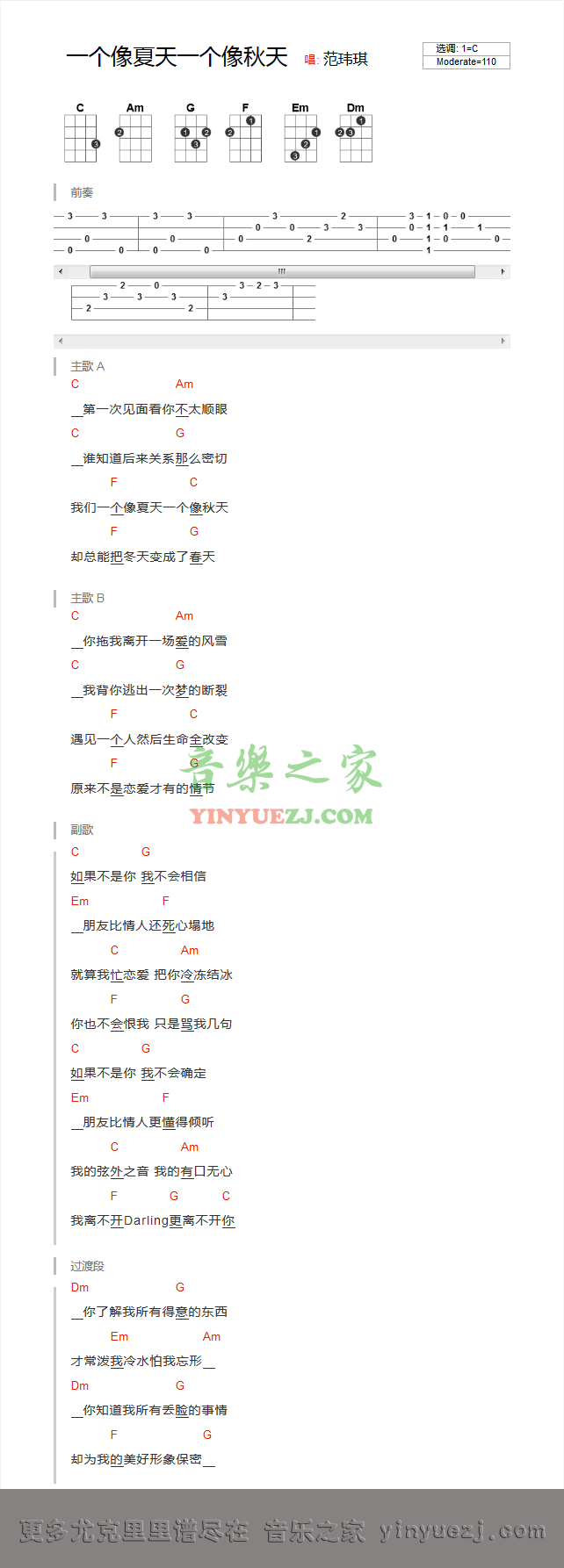 版本一 范玮琪《一个像夏天一个像秋天》尤克里里弹唱谱