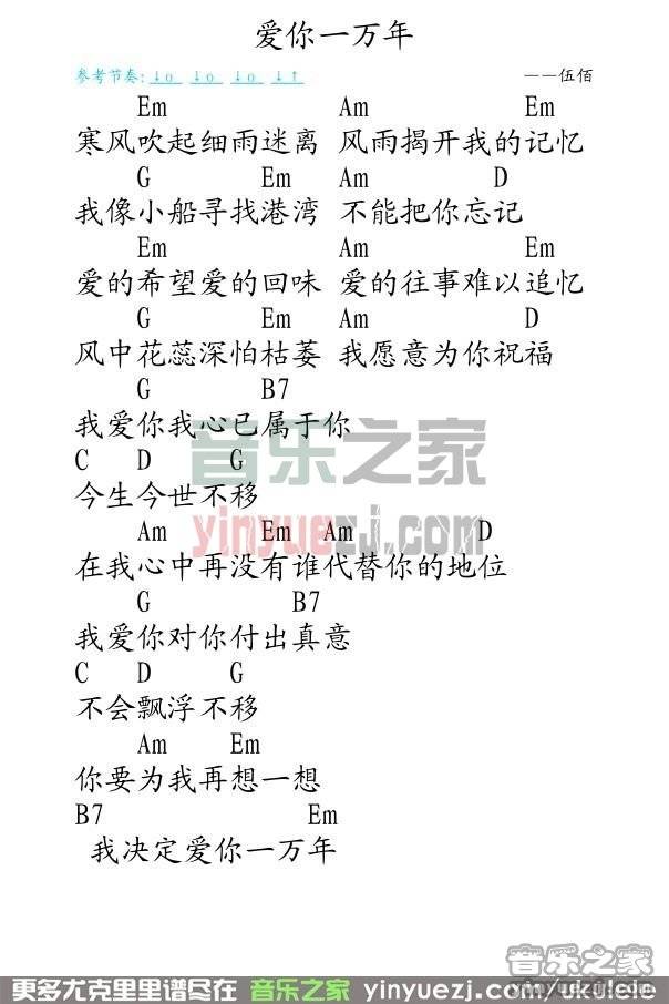 弹客版 伍佰《爱你一万年》尤克里里弹唱谱