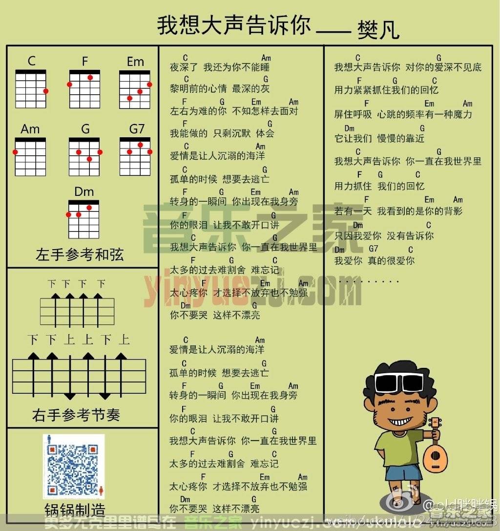 锅锅版 樊凡《我想大声告诉你》尤克里里弹唱谱