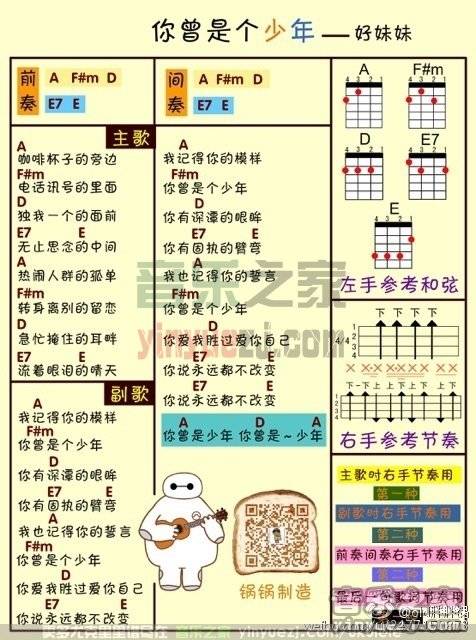 锅锅版 好妹妹《你曾是少年》尤克里里弹唱谱