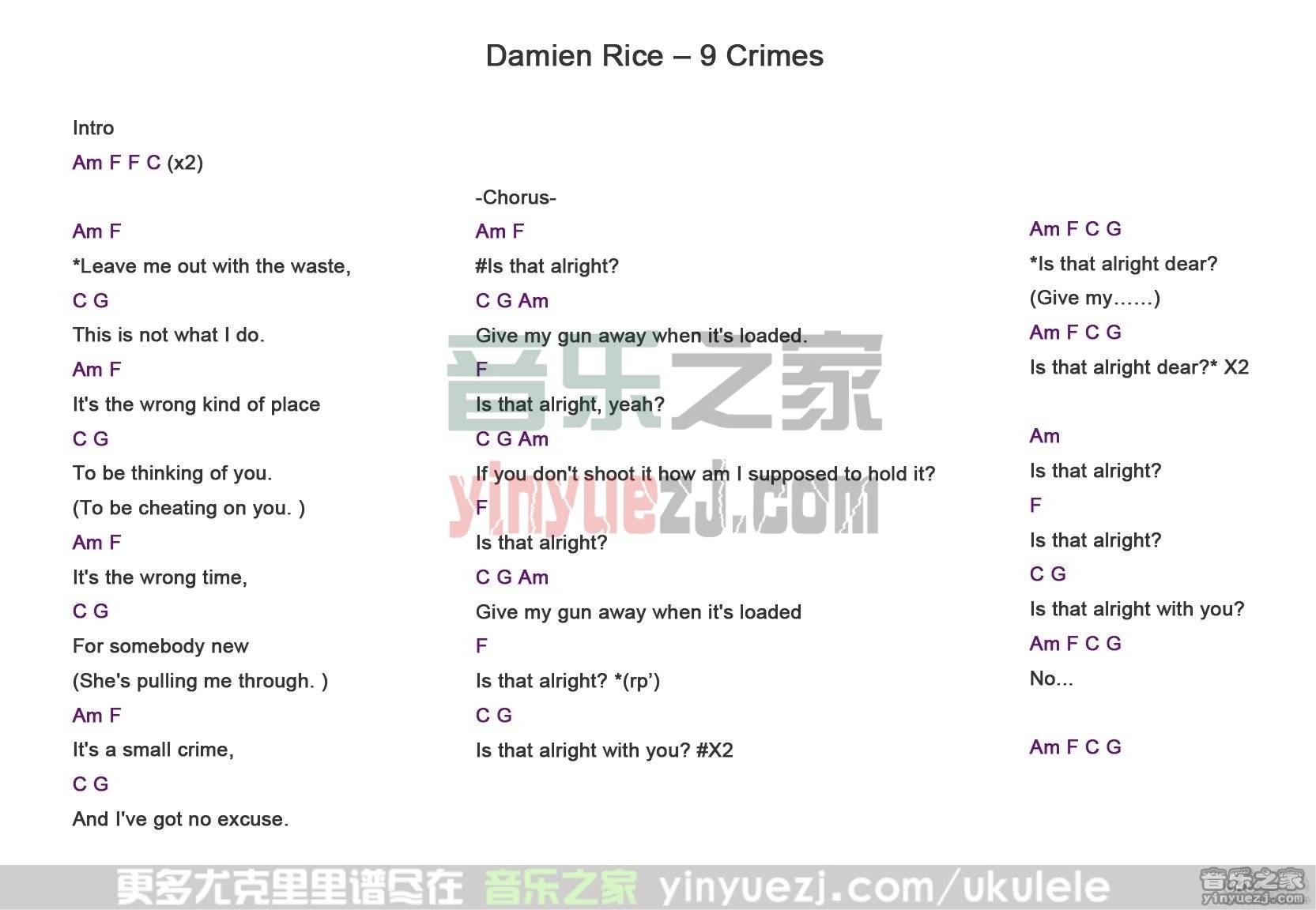 Damien Rice《9 crimes》尤克里里谱