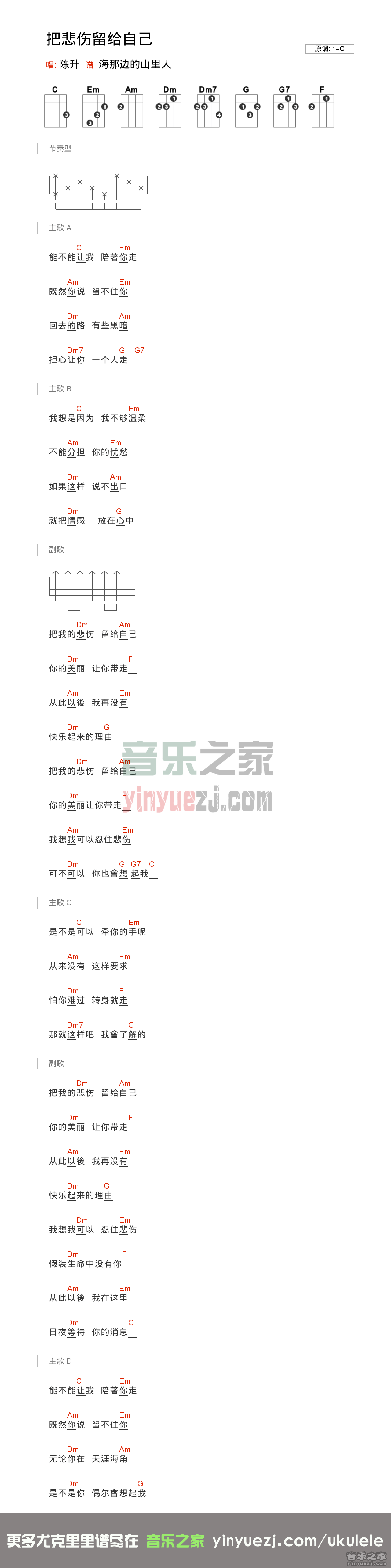 版本一 陈升《把悲伤留给自己》尤克里里谱