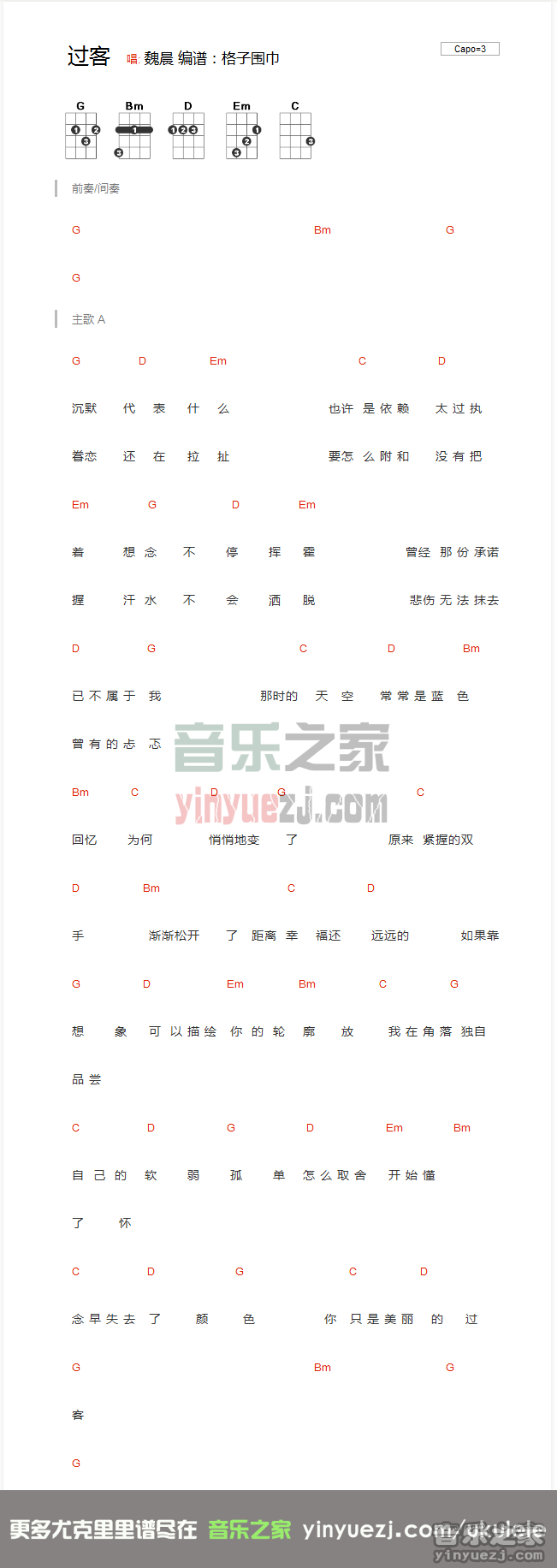 魏晨《过客》尤克里里谱