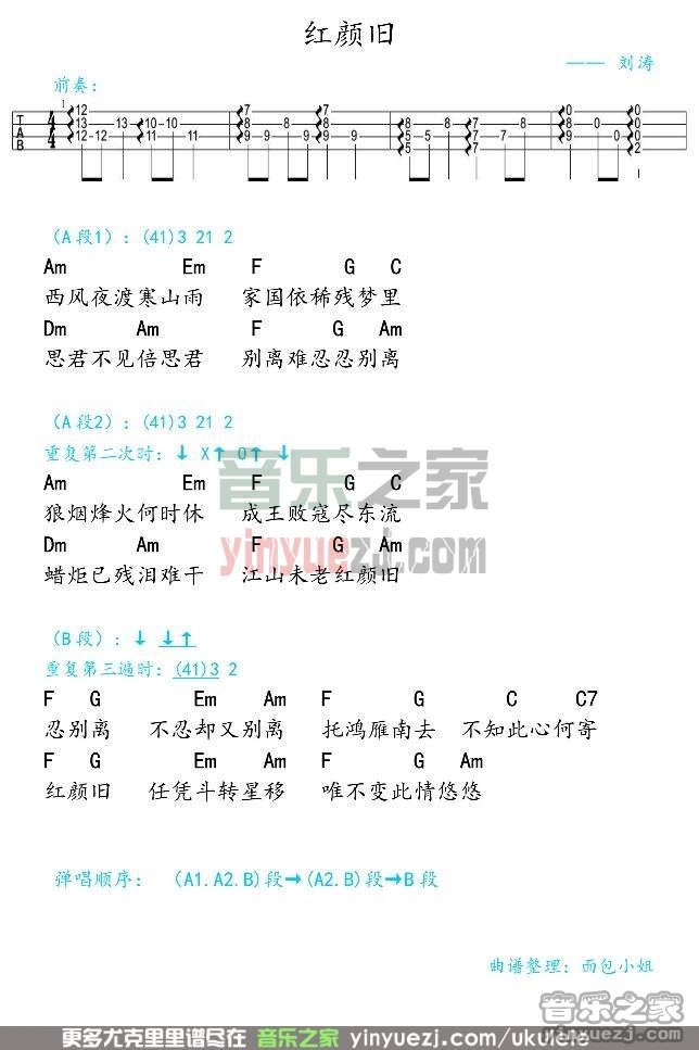 弹客版 刘涛《红颜旧》尤克里里弹唱谱