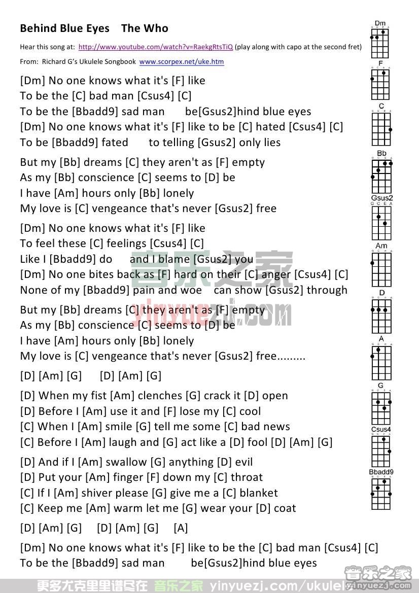 《Behind Blue Eyes》尤克里里谱