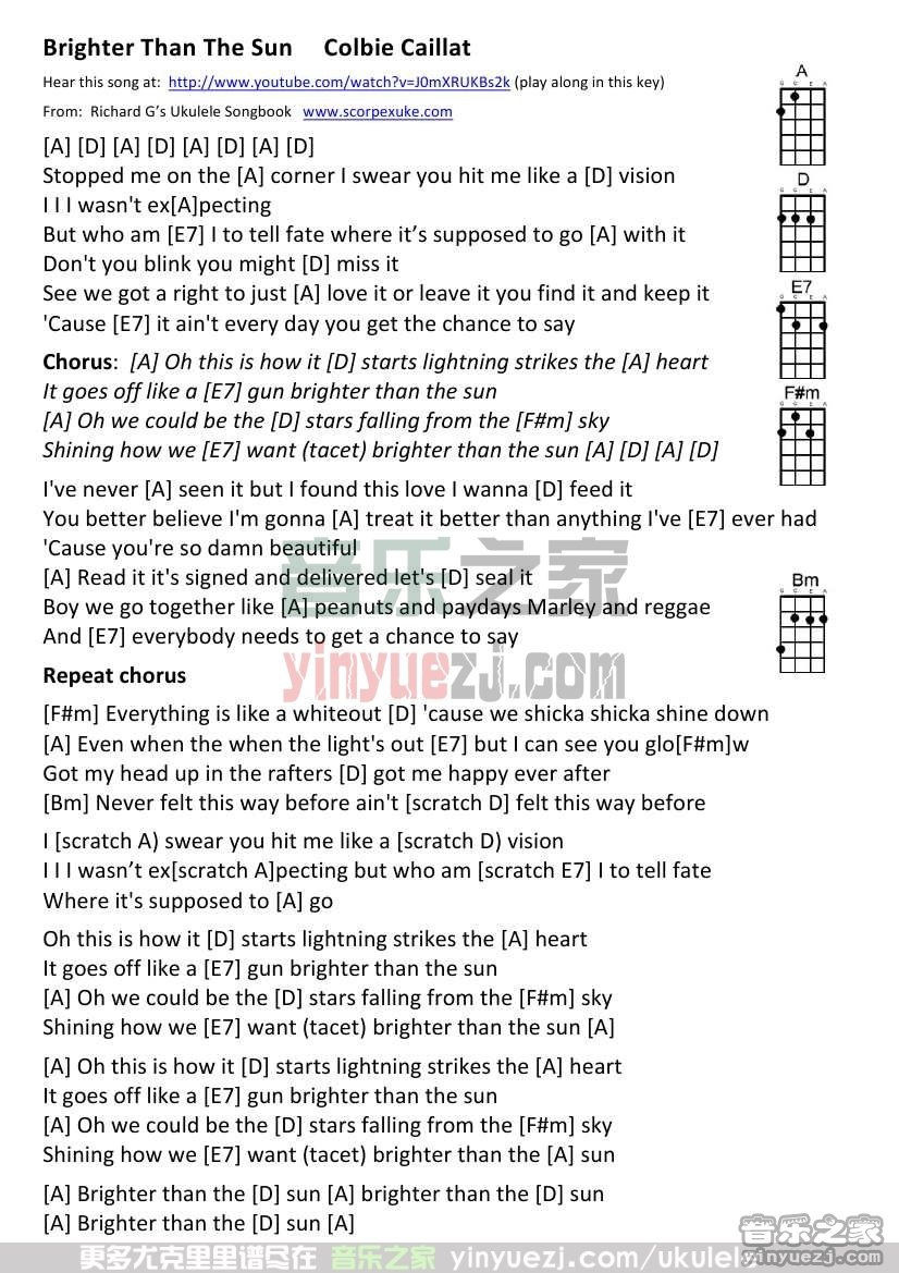 《Brighter Than the Sun》尤克里里谱