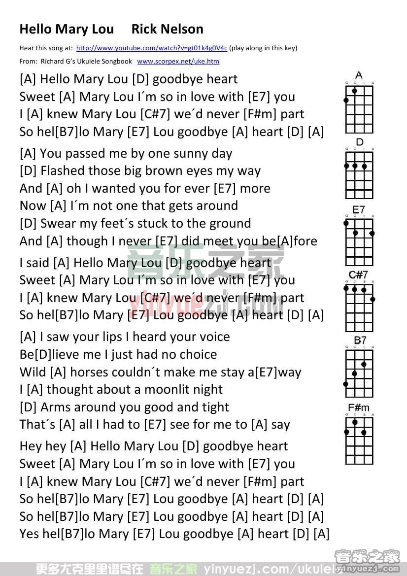 《Hello Mary Lou》尤克里里谱