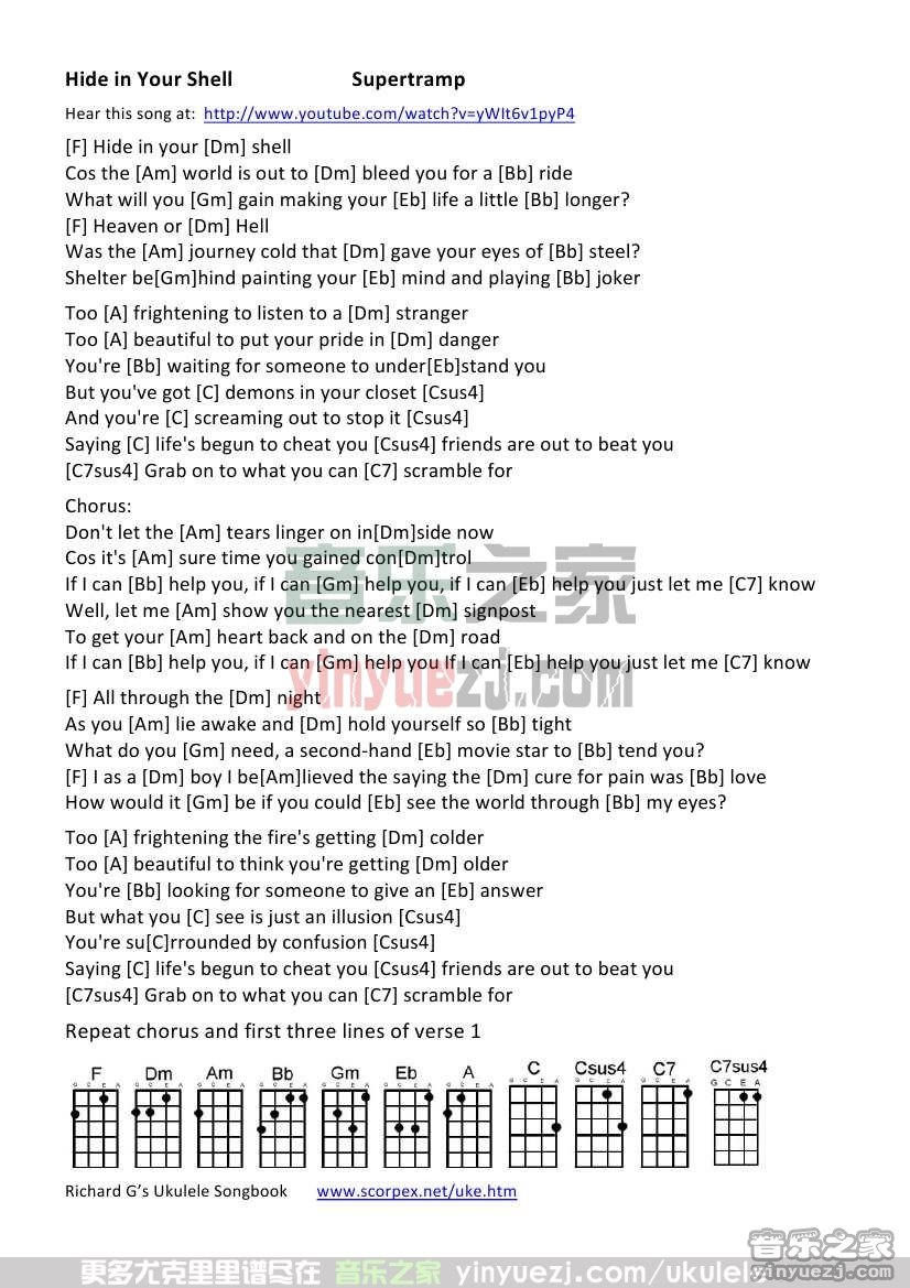 版本二 《Hide in Your Shell》尤克里里谱