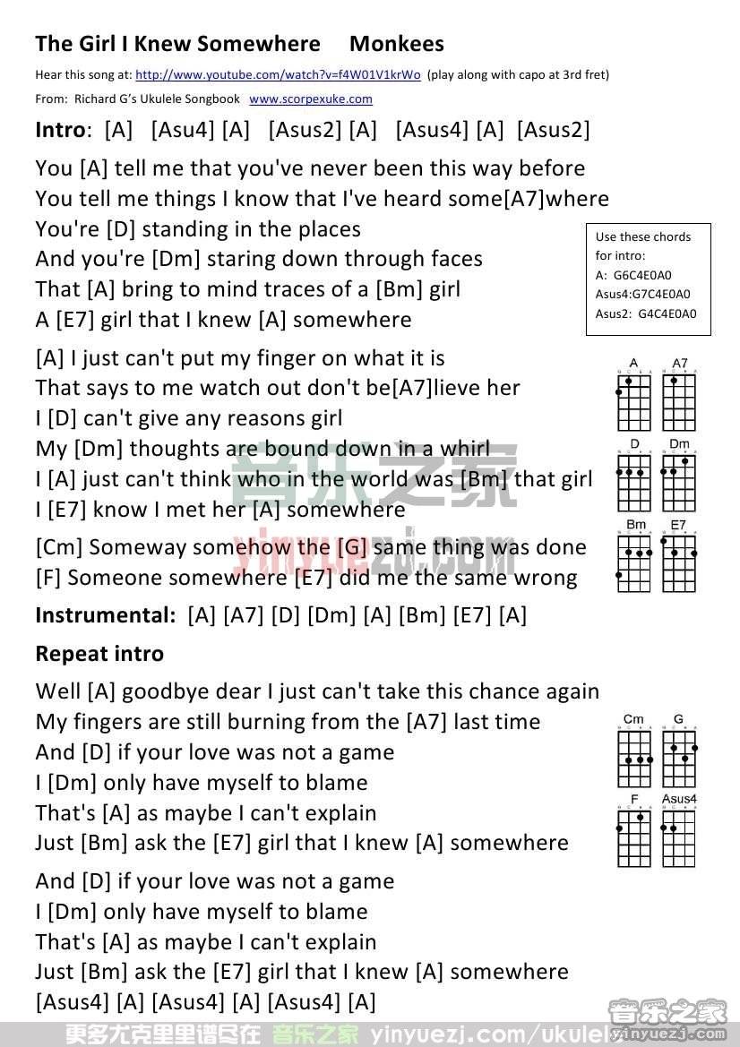 《The Girl I Knew Somewhere》尤克里里谱