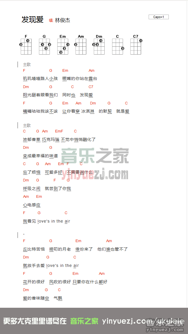 林俊杰《发现爱》尤克里里谱