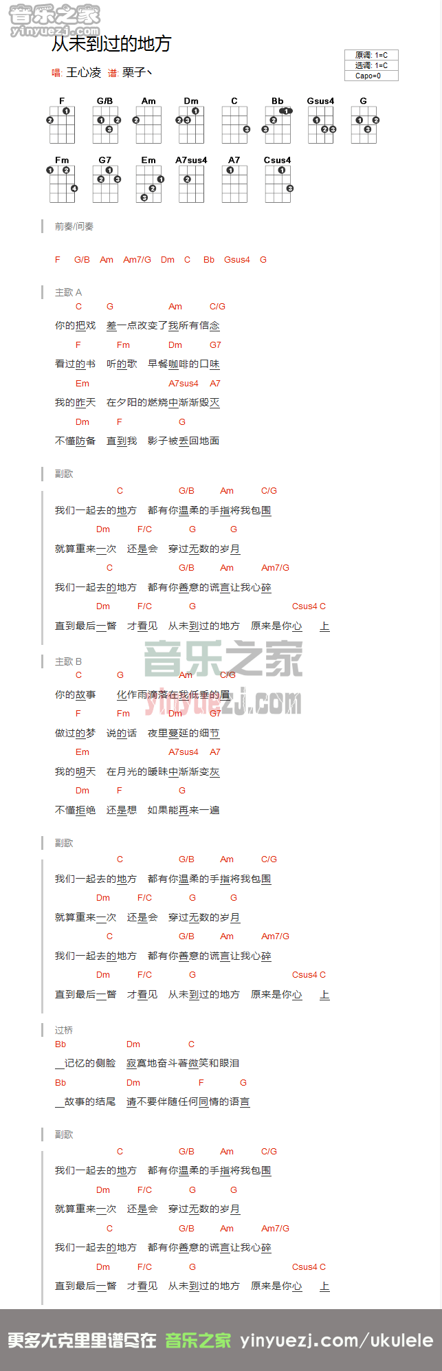王心凌《从未到过的地方》尤克里里谱