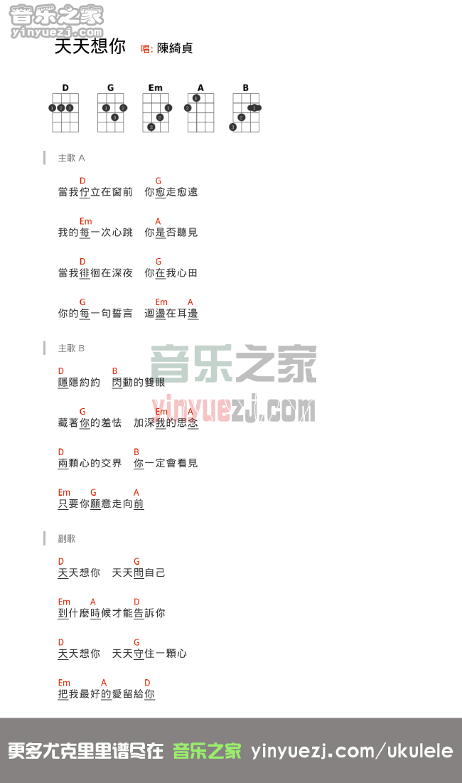 陈绮贞《天天想你》尤克里里谱