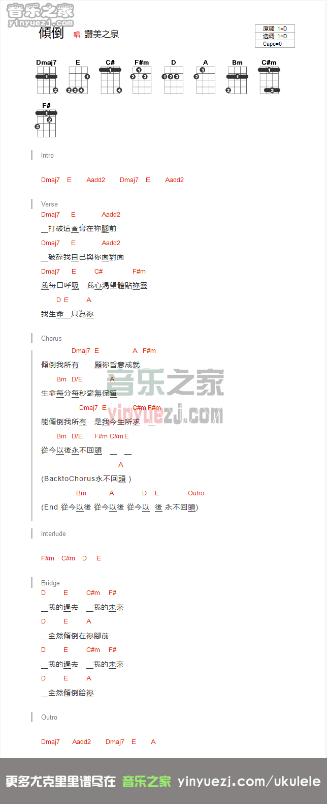 赞美之泉《倾倒》尤克里里谱