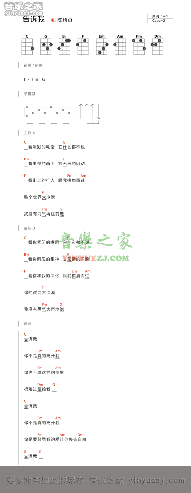 版本一 陈绮贞《告诉我》尤克里里弹唱谱