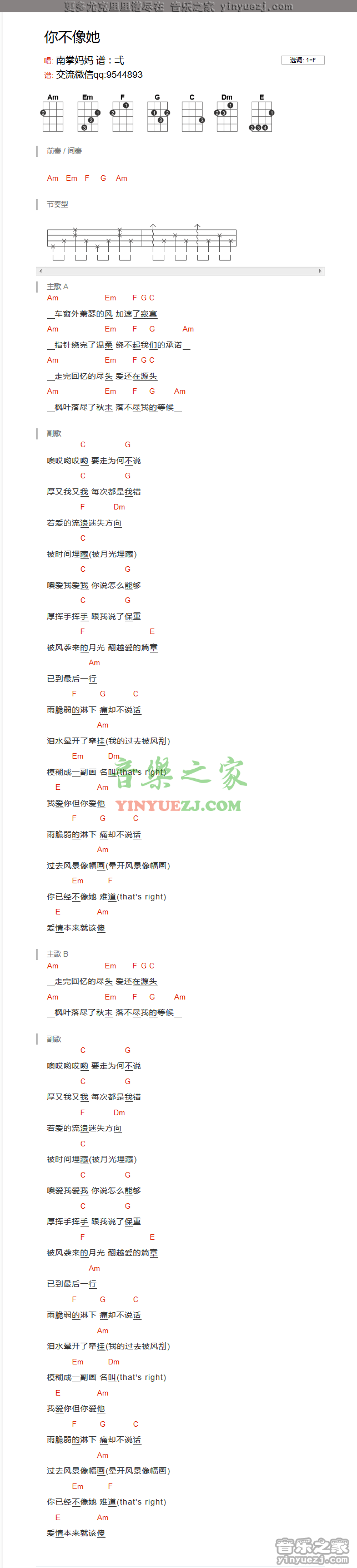 南拳妈妈《你不像她》尤克里里谱