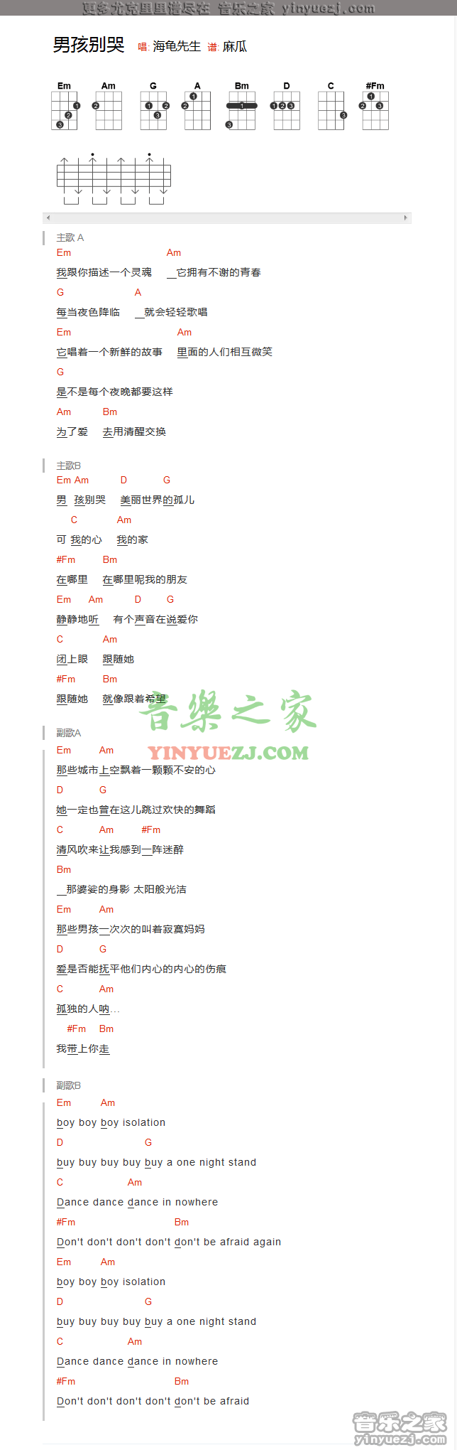 版本一 海龟先生《男孩别哭》尤克里里谱