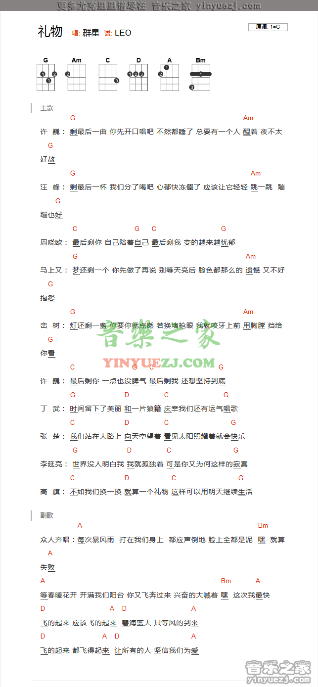 许巍《礼物》尤克里里谱