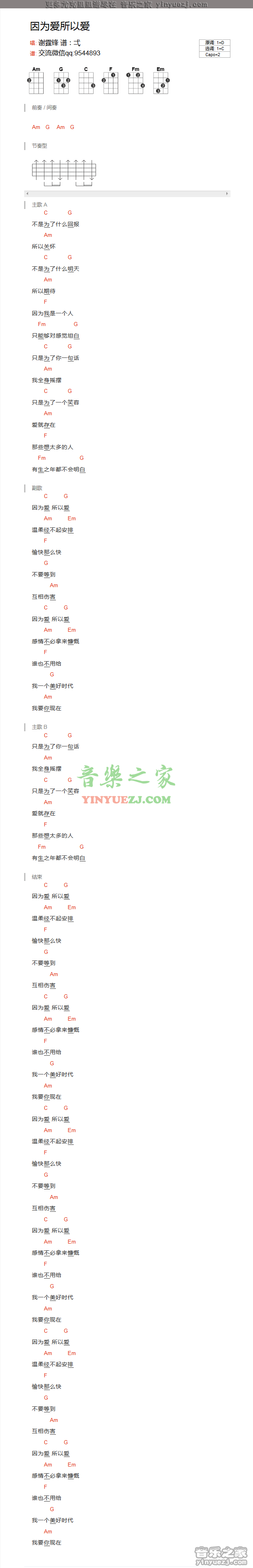 谢霆锋《因为爱所以爱》尤克里里谱