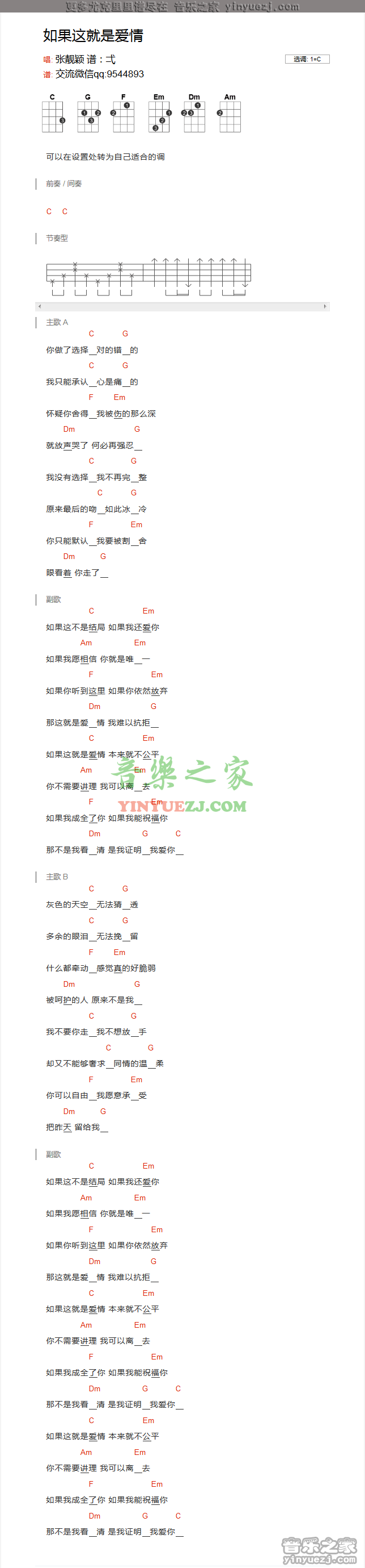 张靓颖《如果这就是爱情》尤克里里谱