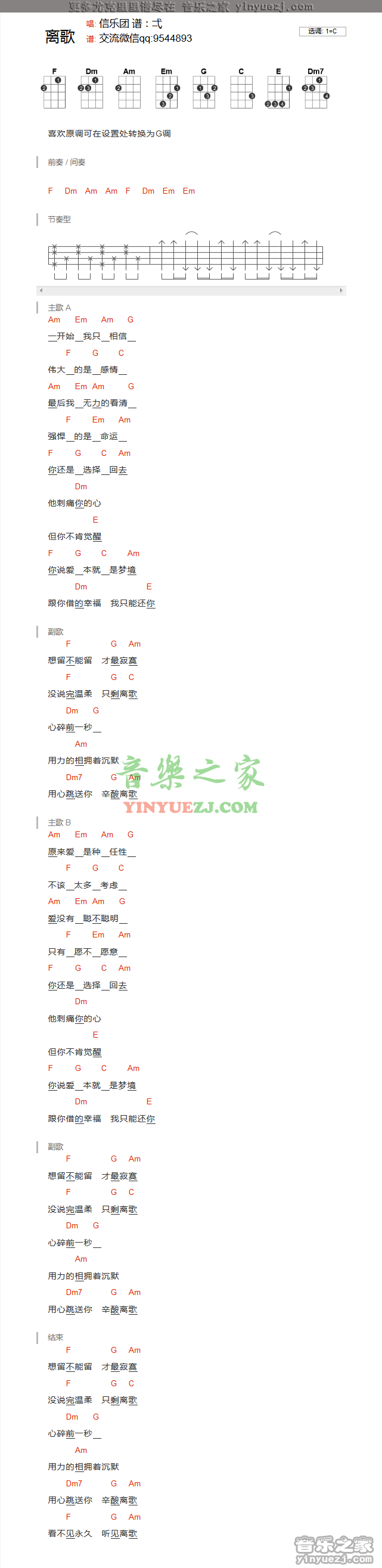 信乐团《离歌》尤克里里谱