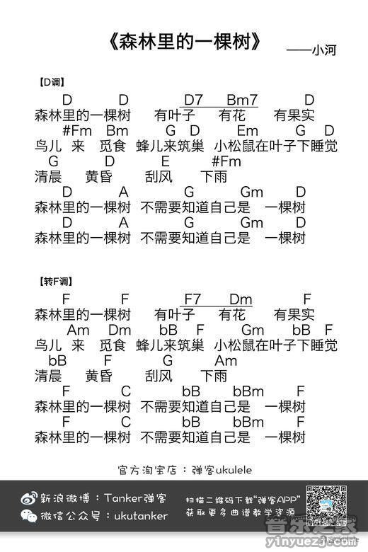 弹客版 小河《森林里的一棵树》尤克里里弹唱谱