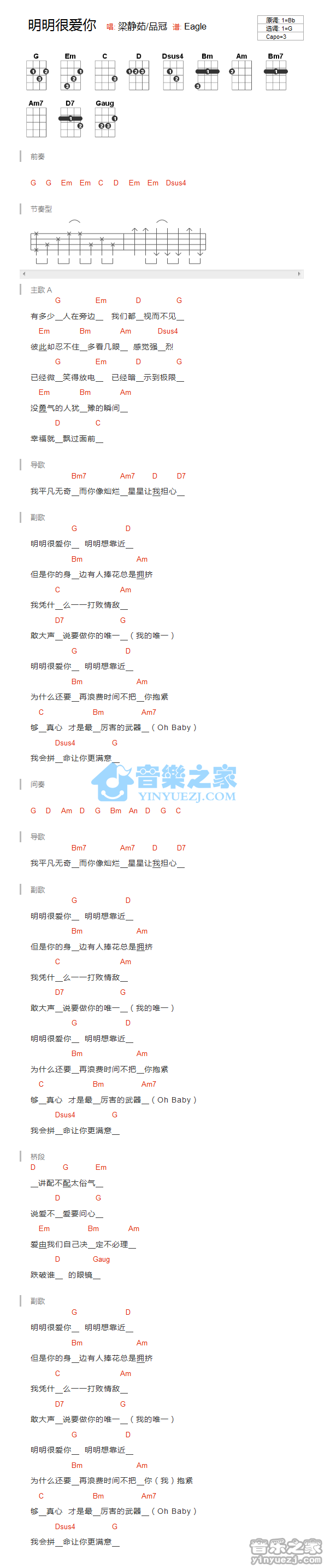 梁静茹/品冠《明明很爱你》尤克里里弹唱谱