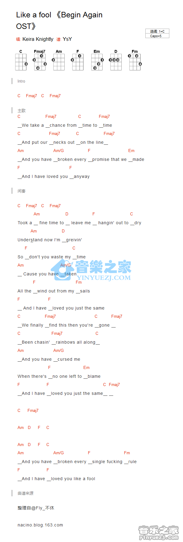 Begin again OST《Like a fool》尤克里里弹唱谱