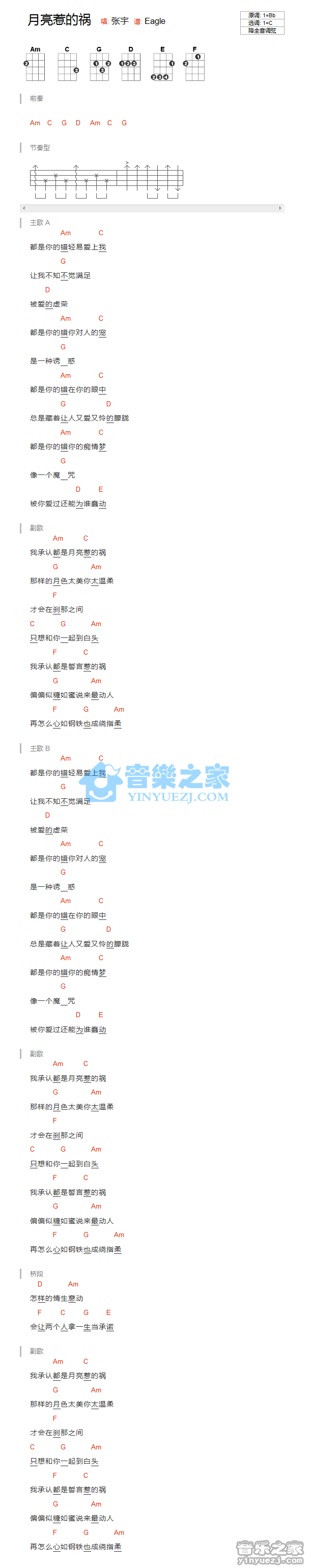 2张宇《月亮惹的祸》尤克里里谱