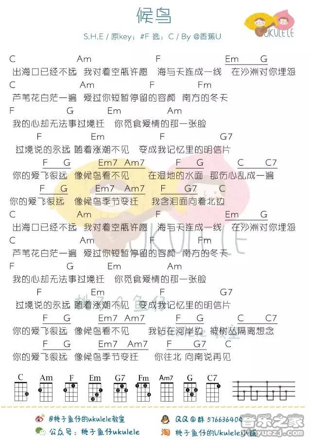 桃子鱼仔版 S.H.E《候鸟》尤克里里弹唱谱
