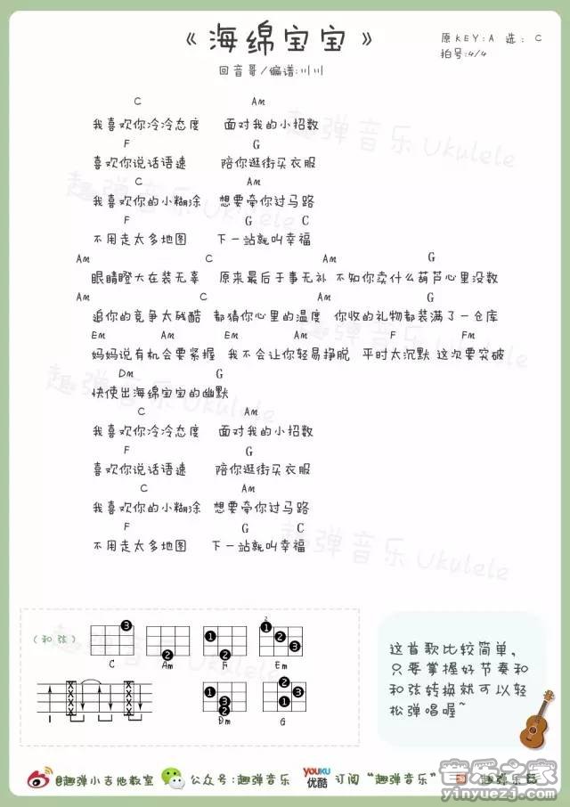 1趣弹版 回音哥《海绵宝宝》尤克里里弹唱谱