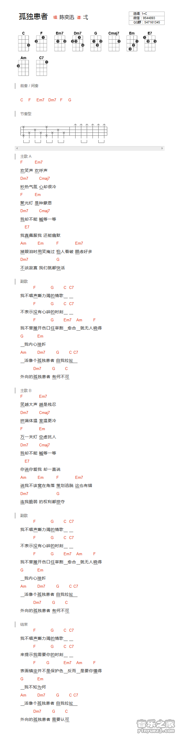版本一 陈奕迅《孤独患者》尤克里里弹唱谱