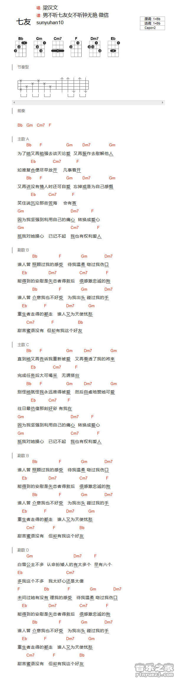梁汉文《七友》尤克里里弹唱谱