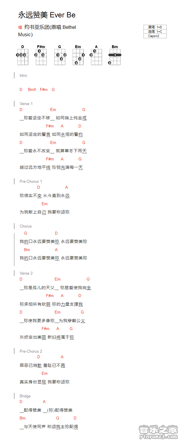 版本一 约书亚《永远赞美ever be》尤克里里弹唱谱