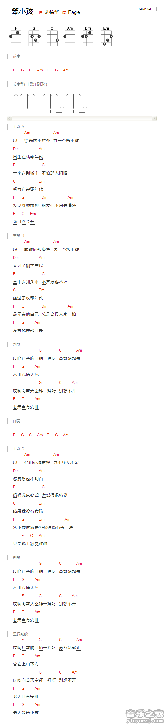 版本一 刘德华《笨小孩》尤克里里弹唱谱