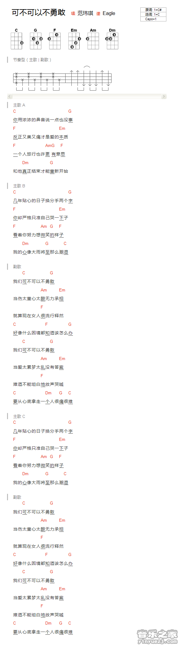版本一 范玮琪《可不可以不勇敢》尤克里里弹唱谱