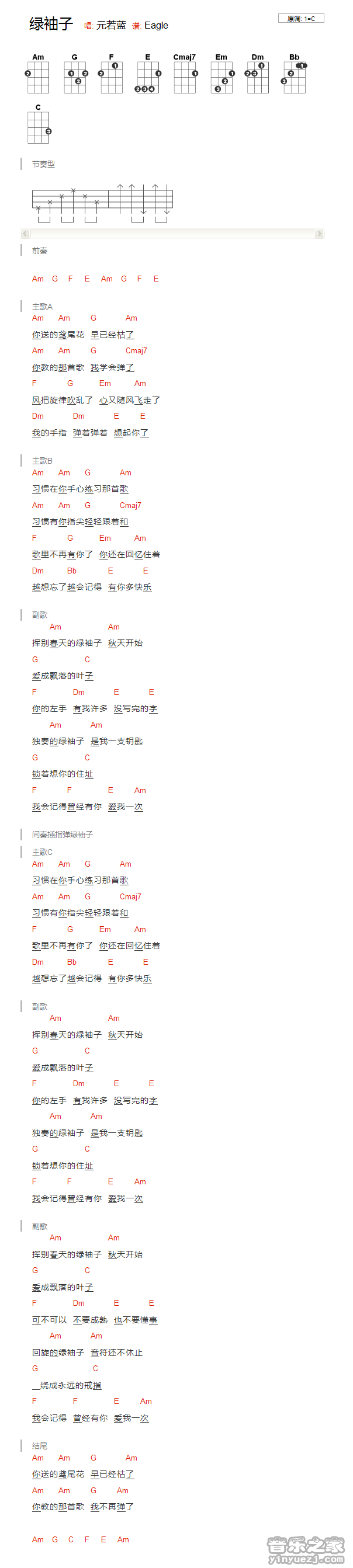 版本一 元若蓝《绿袖子》尤克里里弹唱谱