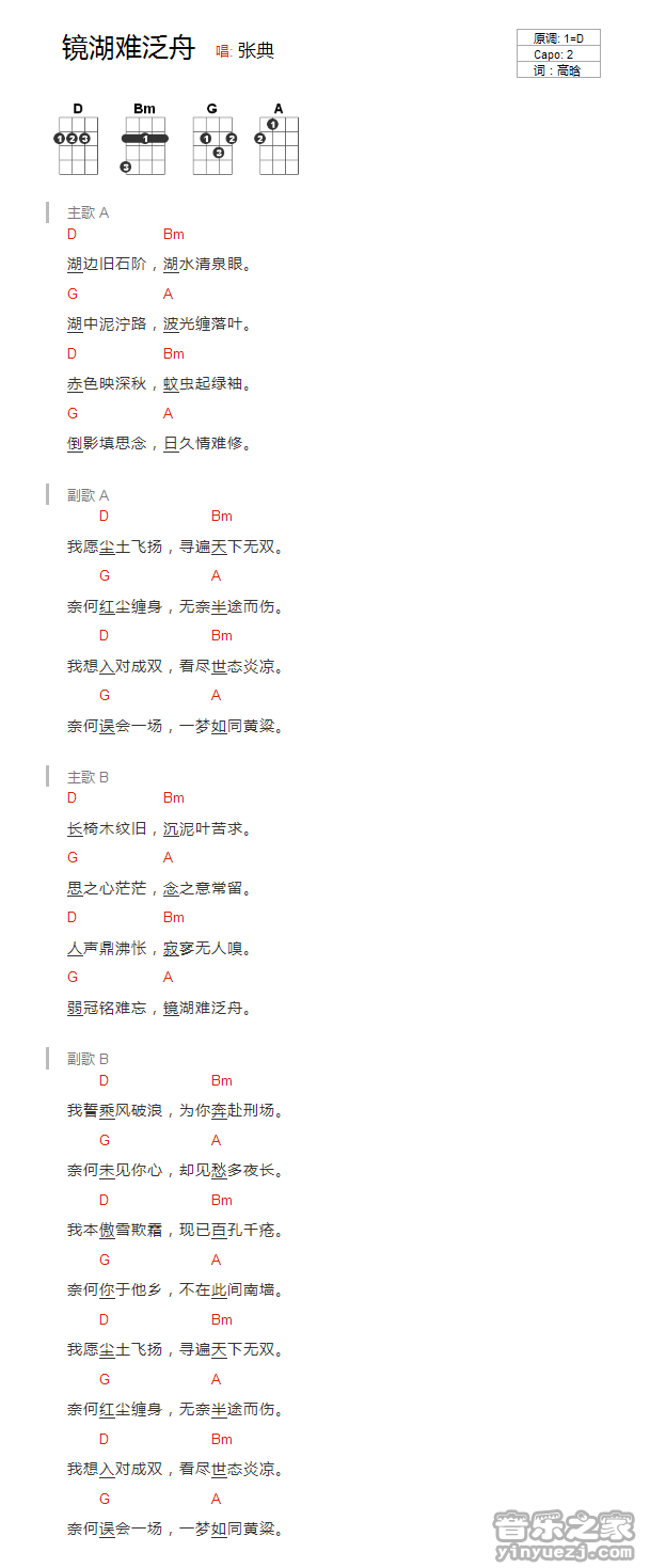 版本一 张典《镜湖难泛舟》尤克里里弹唱谱