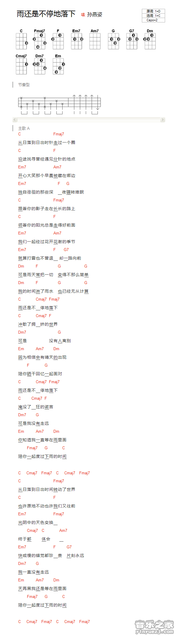 孙燕姿《雨还是不停地落下》尤克里里弹唱谱