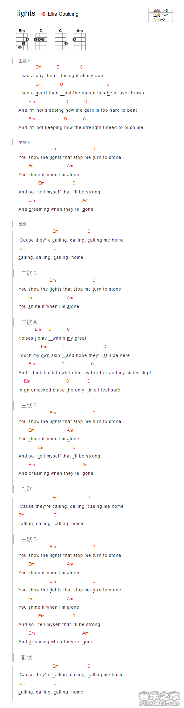 Ellie Goulding《lights》尤克里里弹唱谱
