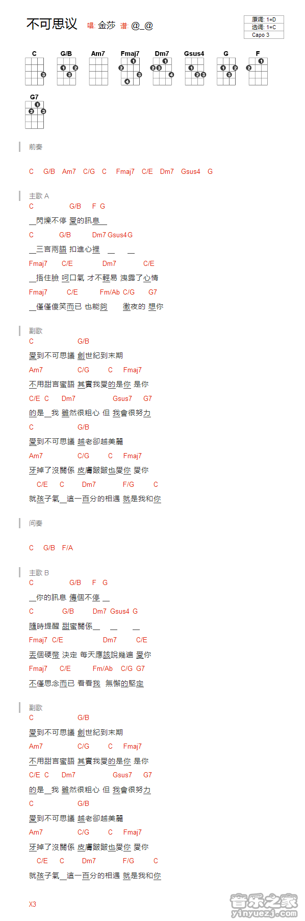 版本一 金莎《不可思议》尤克里里弹唱谱