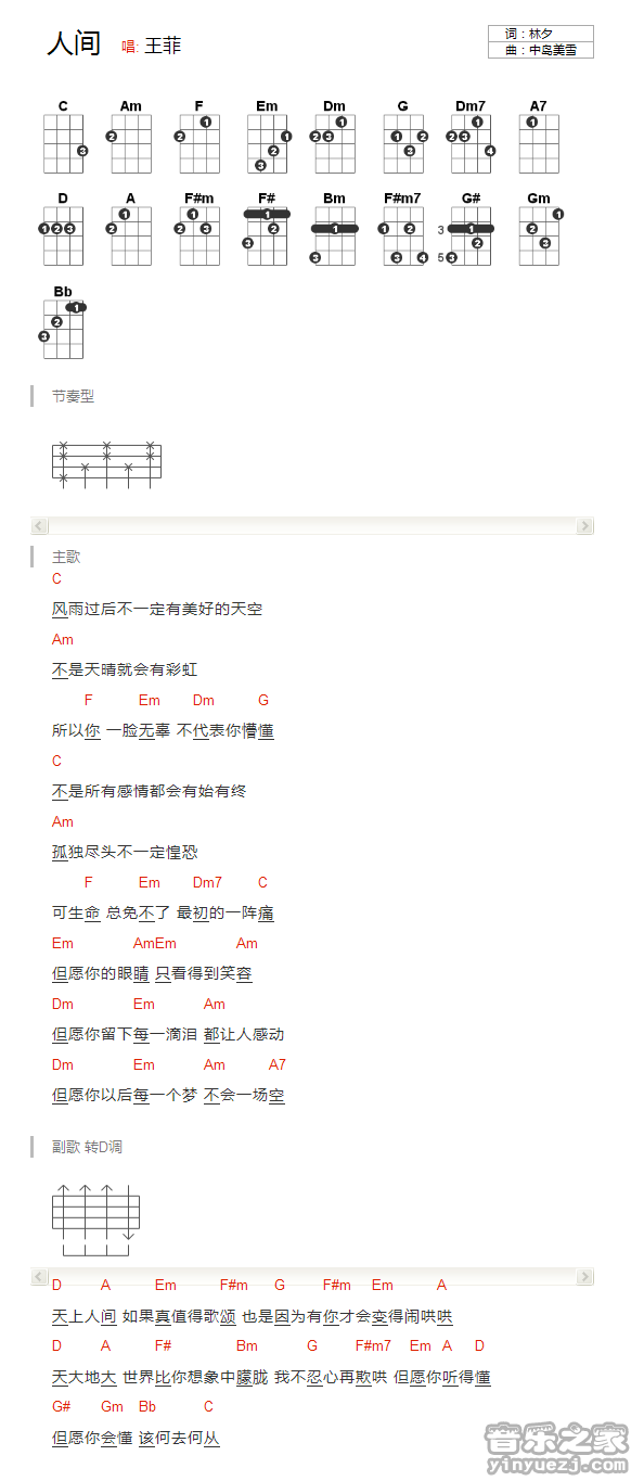 版本一 王菲《人间》尤克里里弹唱谱