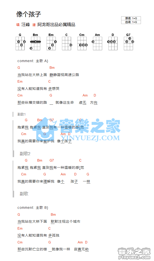 版本一 汪峰《像个孩子》尤克里里弹唱谱