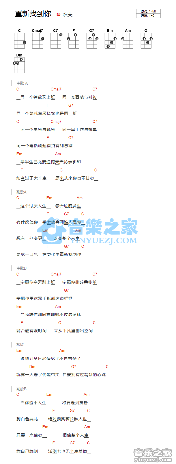 版本一 农夫《重新找到你》尤克里里弹唱谱